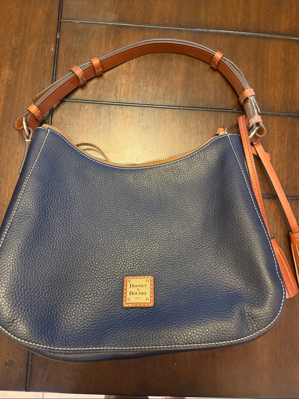 Dooney & Bourke Navy Pebbled Leather Shoulder Bag with Tan Trim